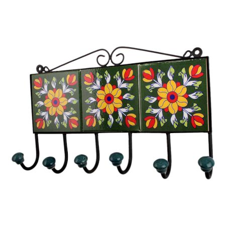 Forest Green Yellow Floral Tiles Hooks